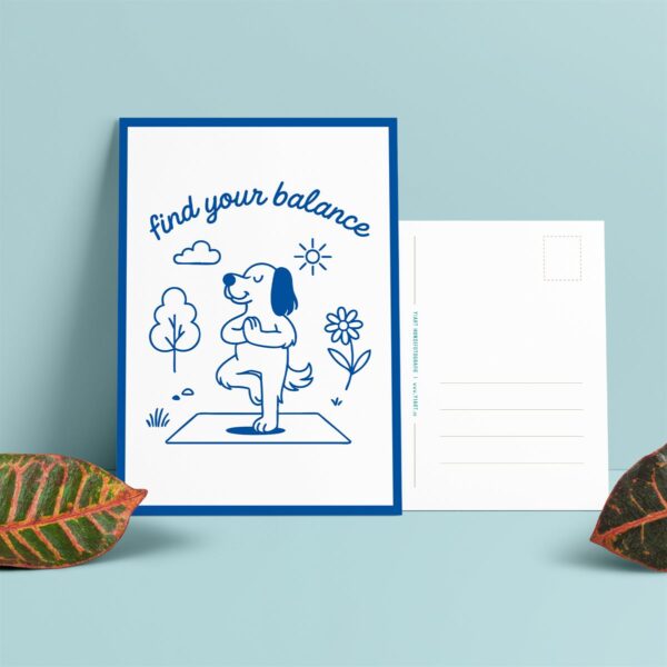 postkarte hund yoga find your balance baum natur