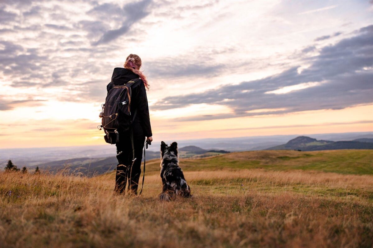 Hund und Mensch beim Fotoshooting im Sonnenaufgang auf der Wasserkuppe